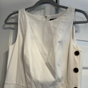 White Ann Taylor midi dress, decorative buttons down length of left side.